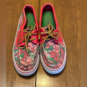 Sperry Women’s Size 6.5 M Bahama Berry Pink Floral Canvas Sequined Top Siders
